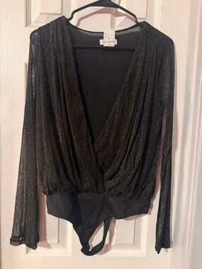 Lovers + Friends Black Glitter Draped Surplice Long-Sleeve Bodysuit